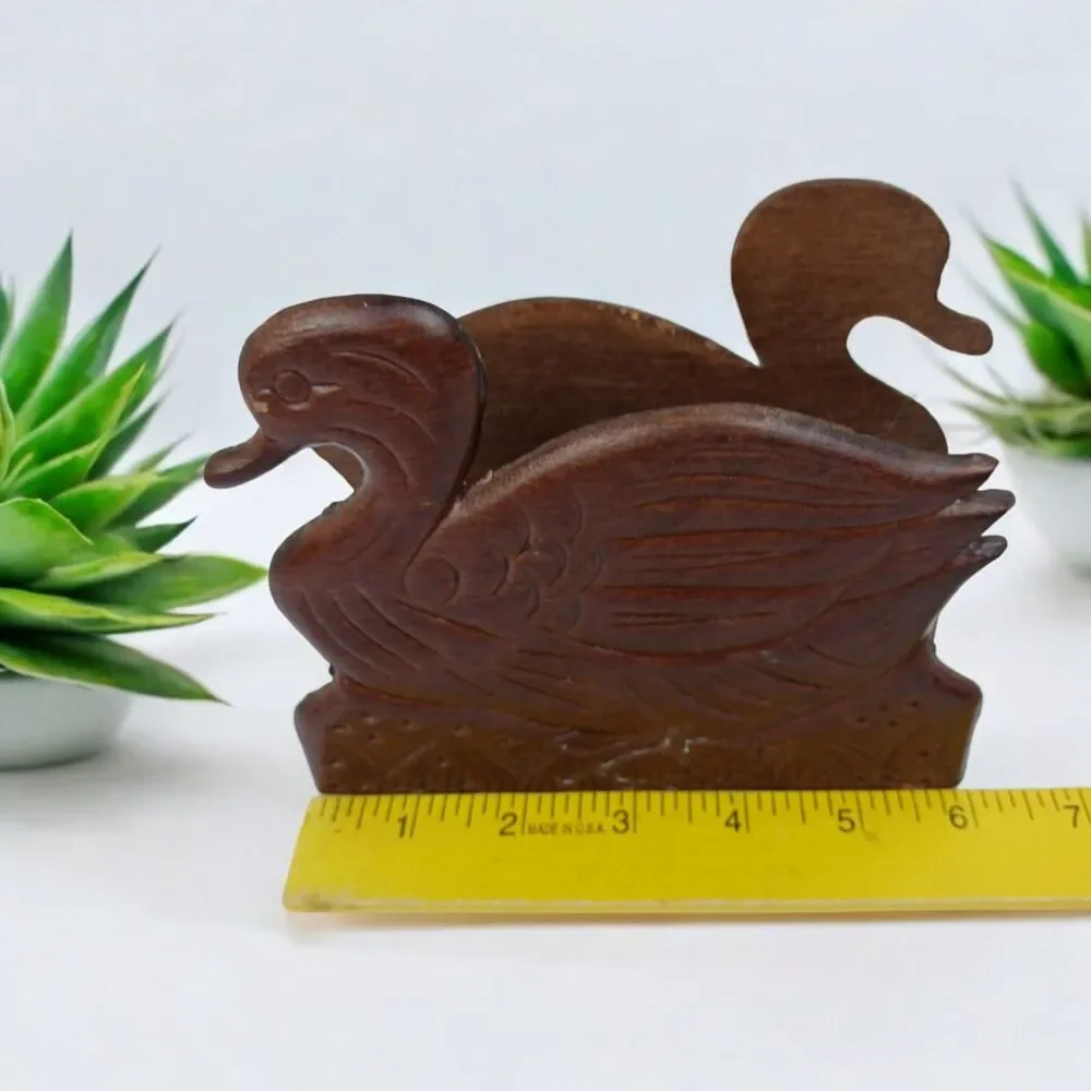 Vintage Wooden Duck Mallard Napkin Mail Holder Carved Office MCM